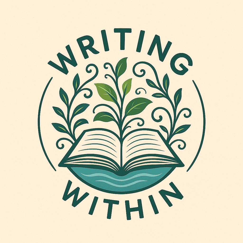 Logo showing an open book, water, and a groing vine with the text "Writing Within"